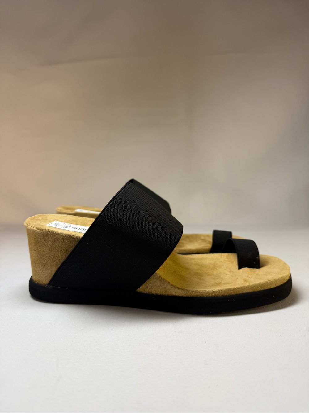 Andre Assous Black and Tan Wedge Slide Sandals